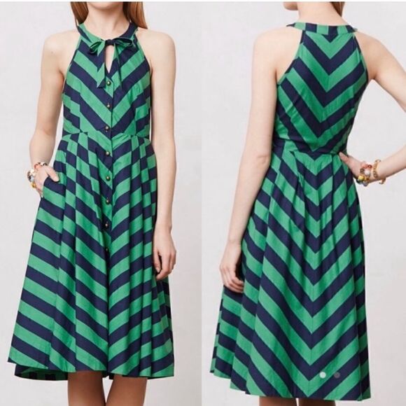 Anthropologie Girls from Savoy Emerald Ripple Navy & Green Striped Dress | SZ 4 - Picture 1 of 14